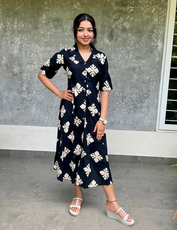 Abstract Printed Cotton Aline Midi Style Dress - Black
