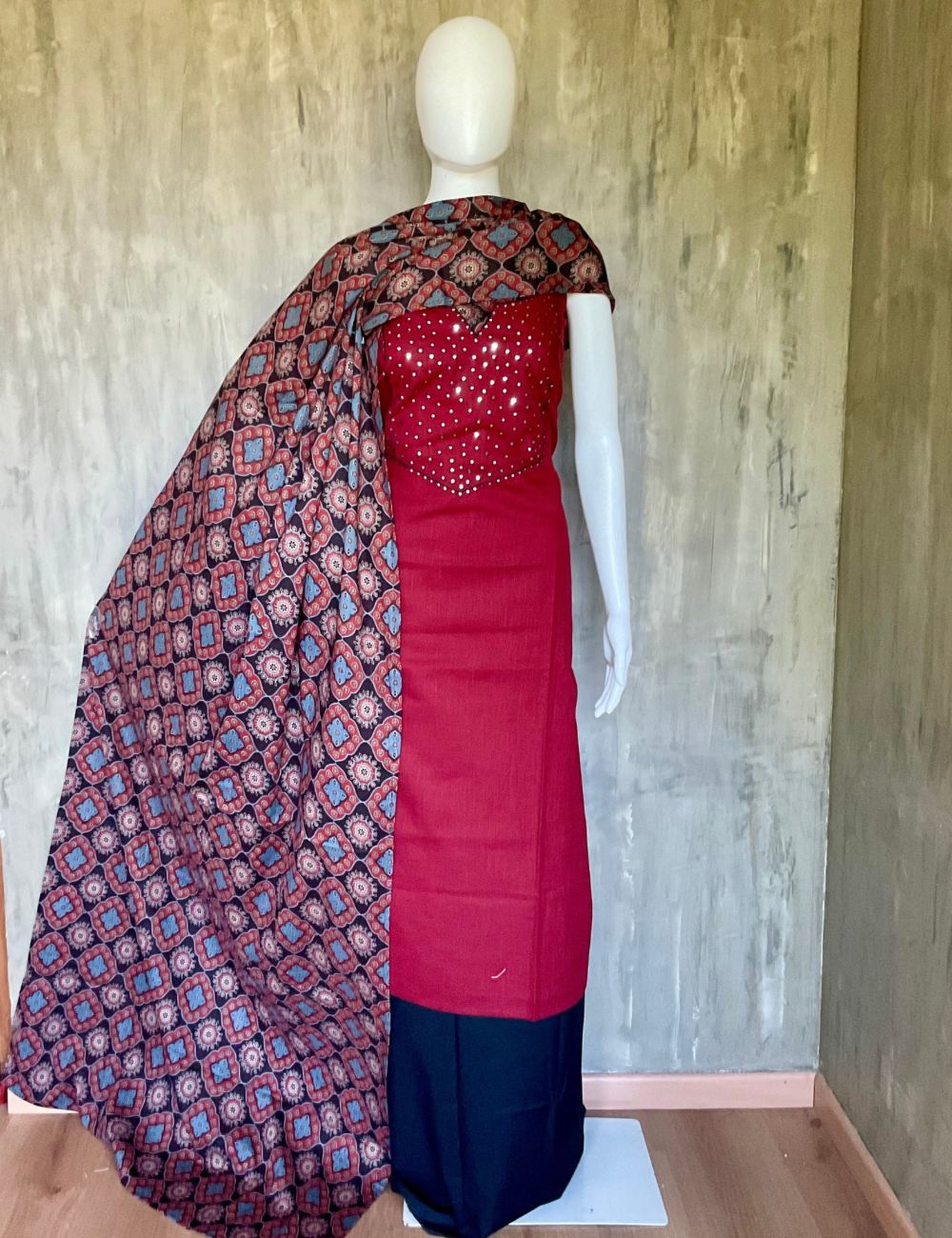 Cotton Mirror Worked Unstitched Salwar with Kalamkari Cotton Dupatta - Maroon