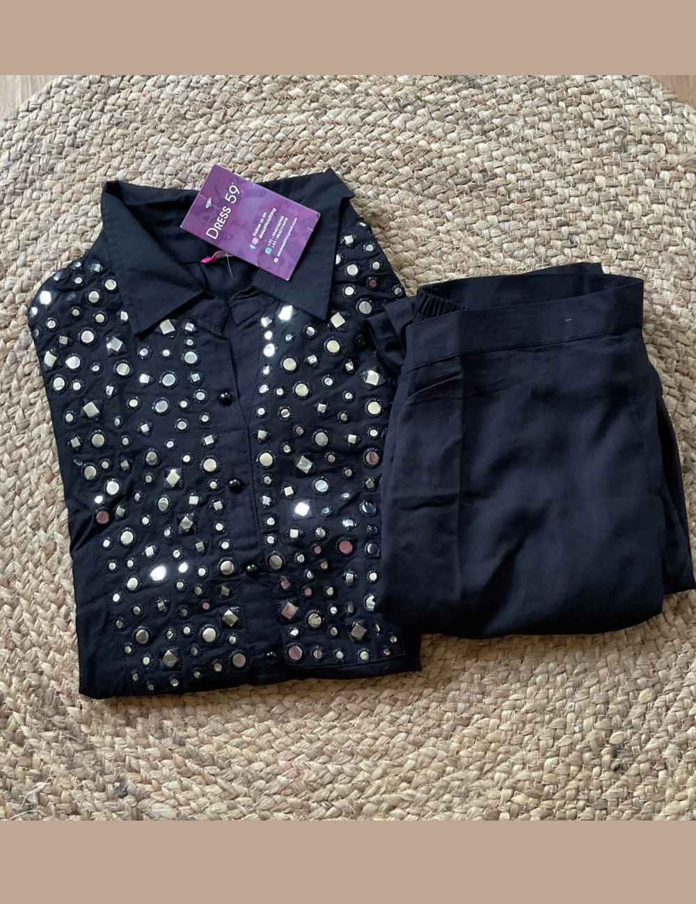 Foil Mirror Worked Rayon Cotton Coord Set - Black