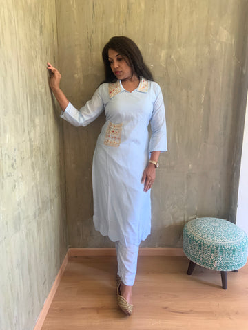 Muslin Silk Gota Worked Designer Coord Set - Light Blue