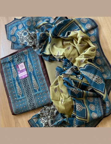 Ajrakh Patch Work Cotton Unstitched Salwar - Brown
