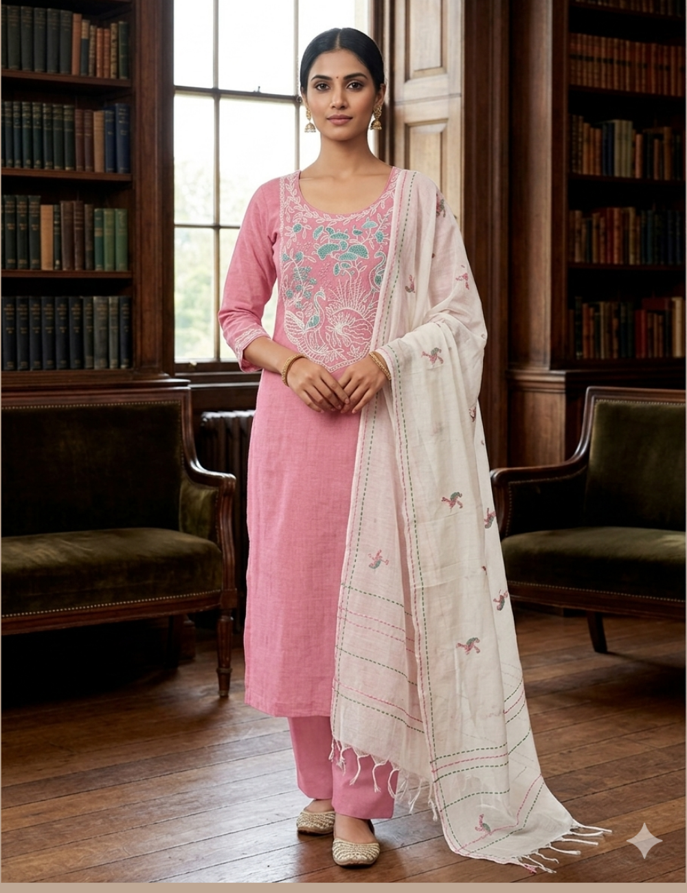 Bird Embroidered Cotton Designer Unstitched Salwar - Pink