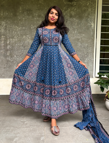 Soft Cotton Hand Block Printed Full Flaired Anarkali Kurta Set - Indigo Blue