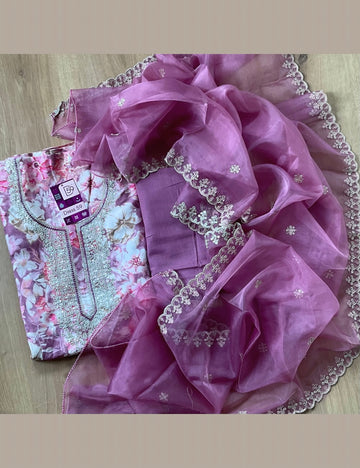 Linen Cotton Floral Printed Designer Unstitched Salwar - Pink
