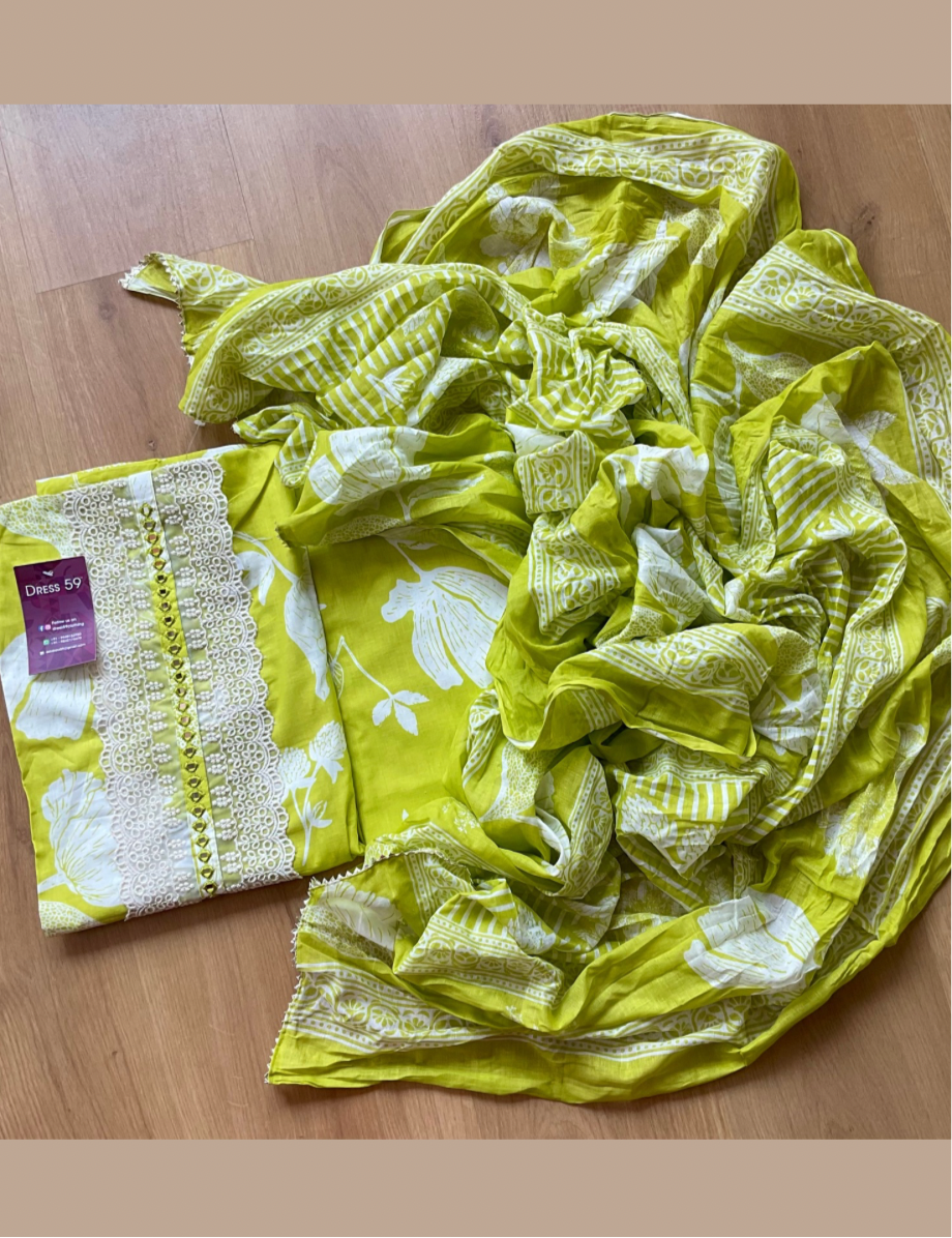 Soft Cotton Floral Printed Cotton Unstitched Salwar - Light Green