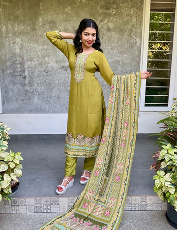 Chinon Silk Straight Cut Kurta Set with Heavy Mirror Work Dupatta - Olive Green