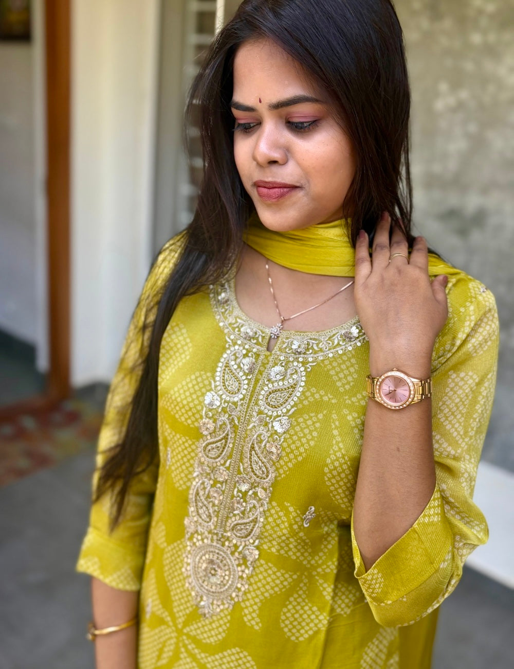 Bandhini Printed Organza Designer Kurta Set with Pretty Embellishments - Lime Green