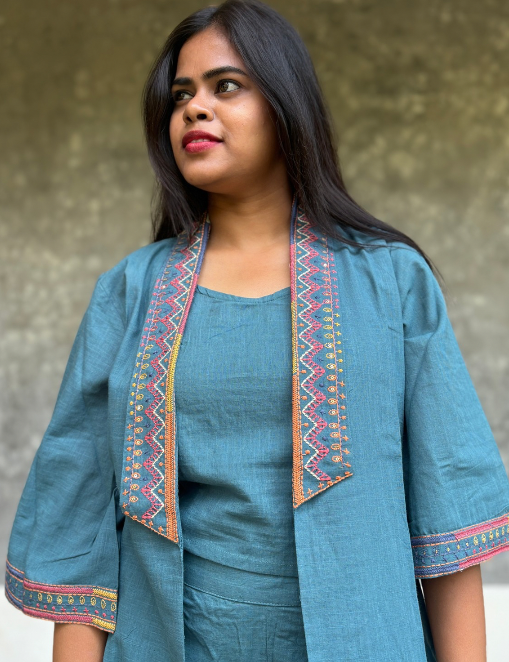 Kantha Work Cotton Designer Indo Western Shrug Style Kurta Set - Turquoise Blue