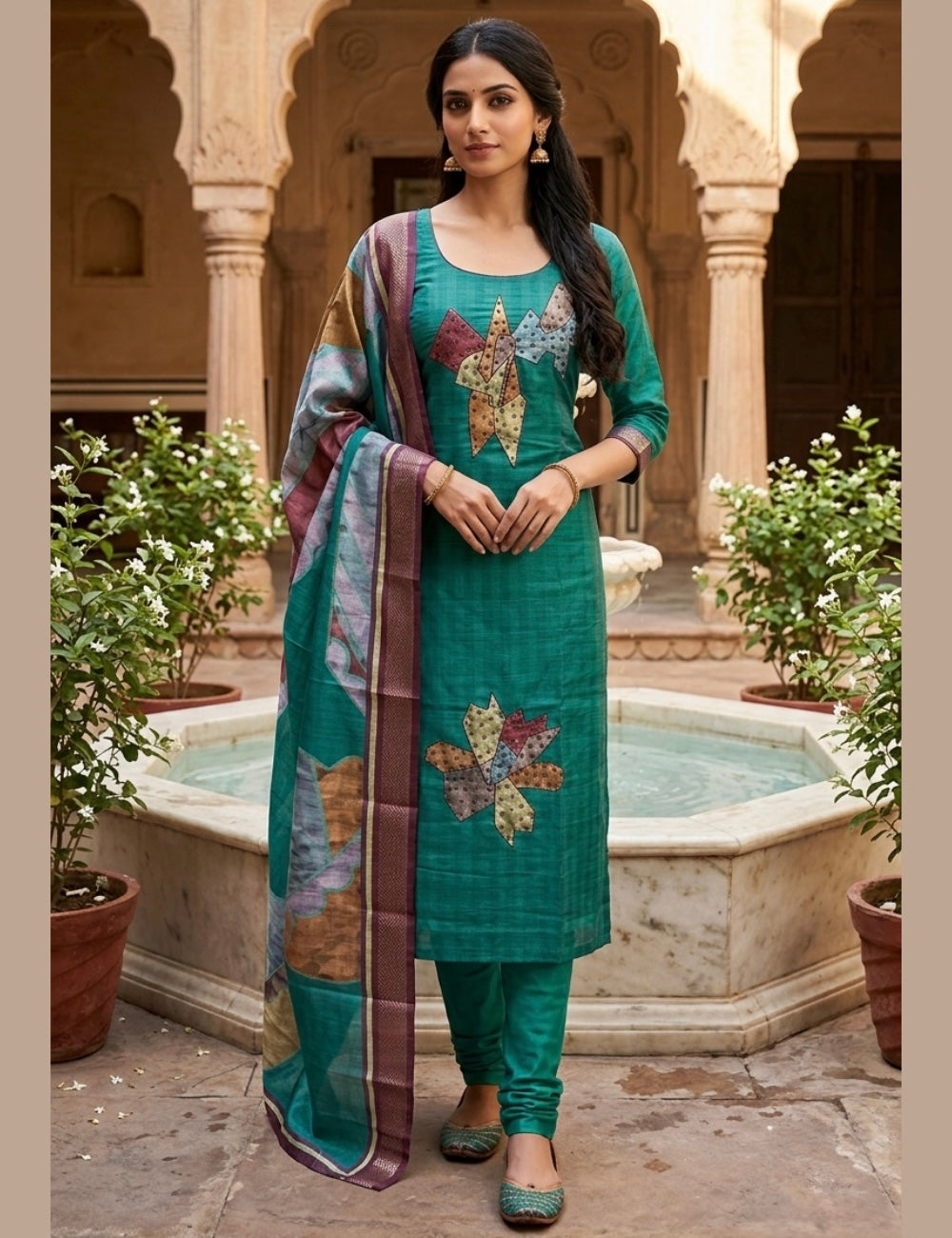 Semi Raw Silk Designer Unstitched Salwar – Teal Green