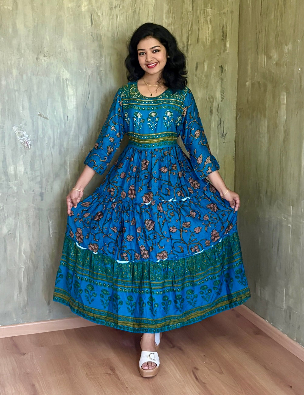 Kalamkari Printed Designer Rayon Cotton Layered Maxi Dress