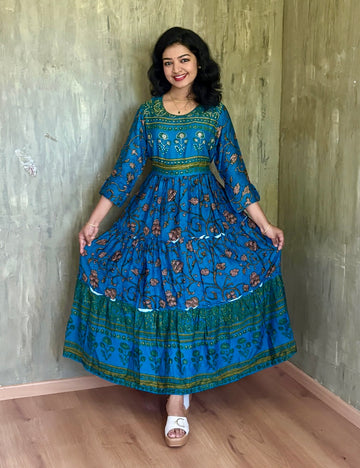 Kalamkari Printed Designer Rayon Cotton Layered Maxi Dress - Blue