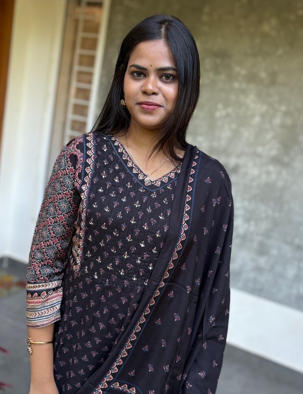 Muslin Silk Ajrakh Printed Designer Kurta Set - Black