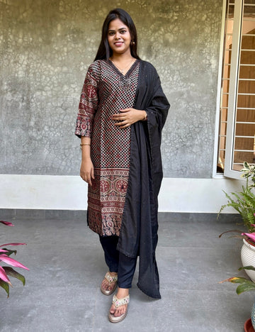 Gajji Silk Printed Designer Kurta Set with Ajrakh Prints - Black