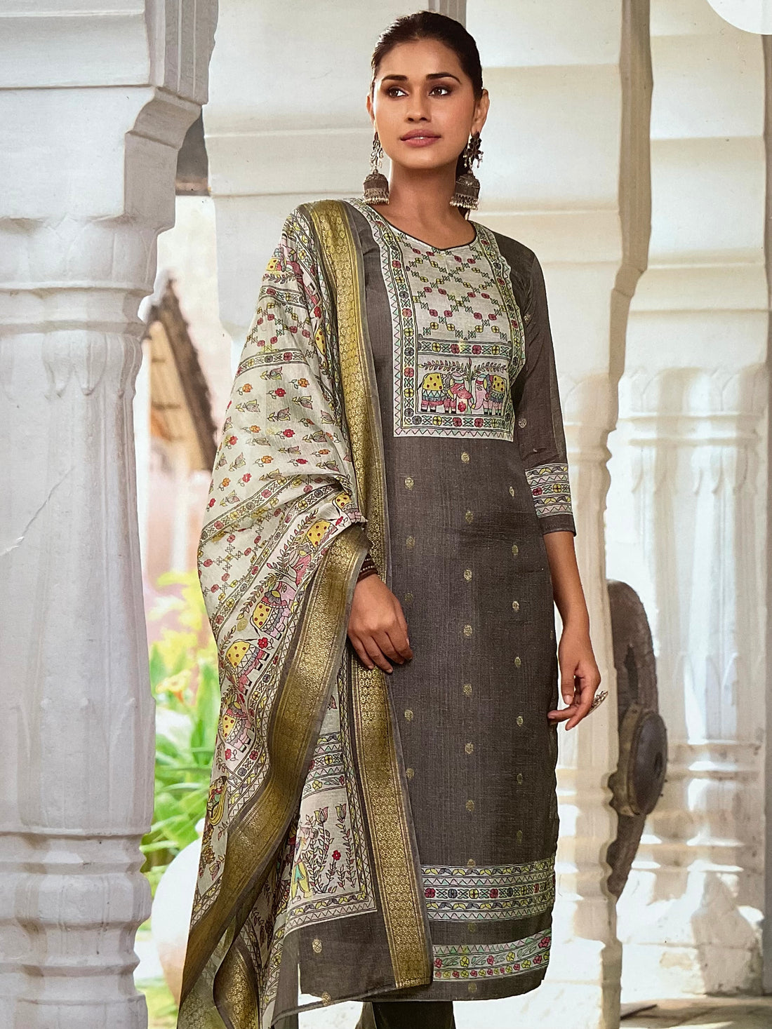 Soft Dola Silk Ethnic Printed Unstitched Salwar - Grey