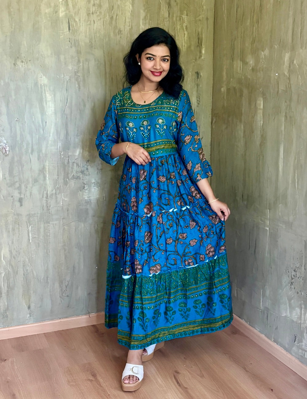 Kalamkari Printed Designer Rayon Cotton Layered Maxi Dress - Blue