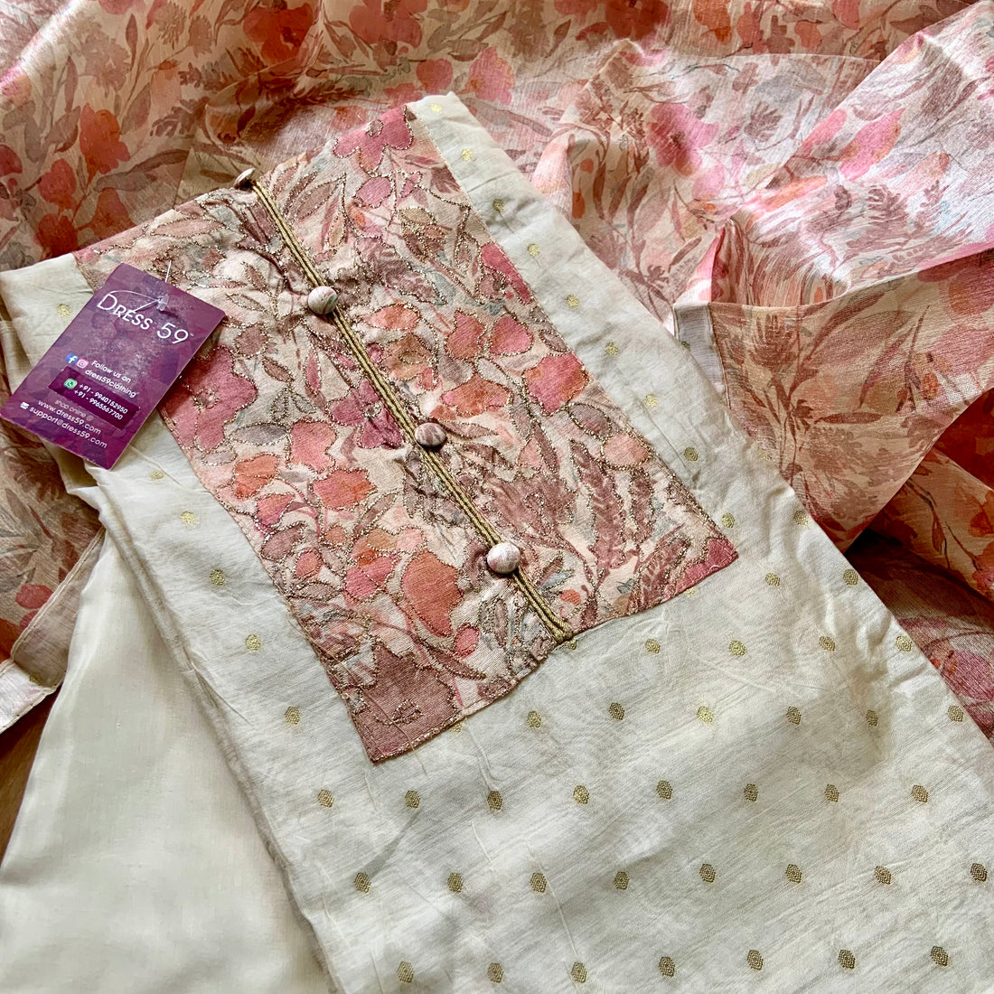 Silk Cotton Patch Worked Designer Unstitched Salwar - Cream