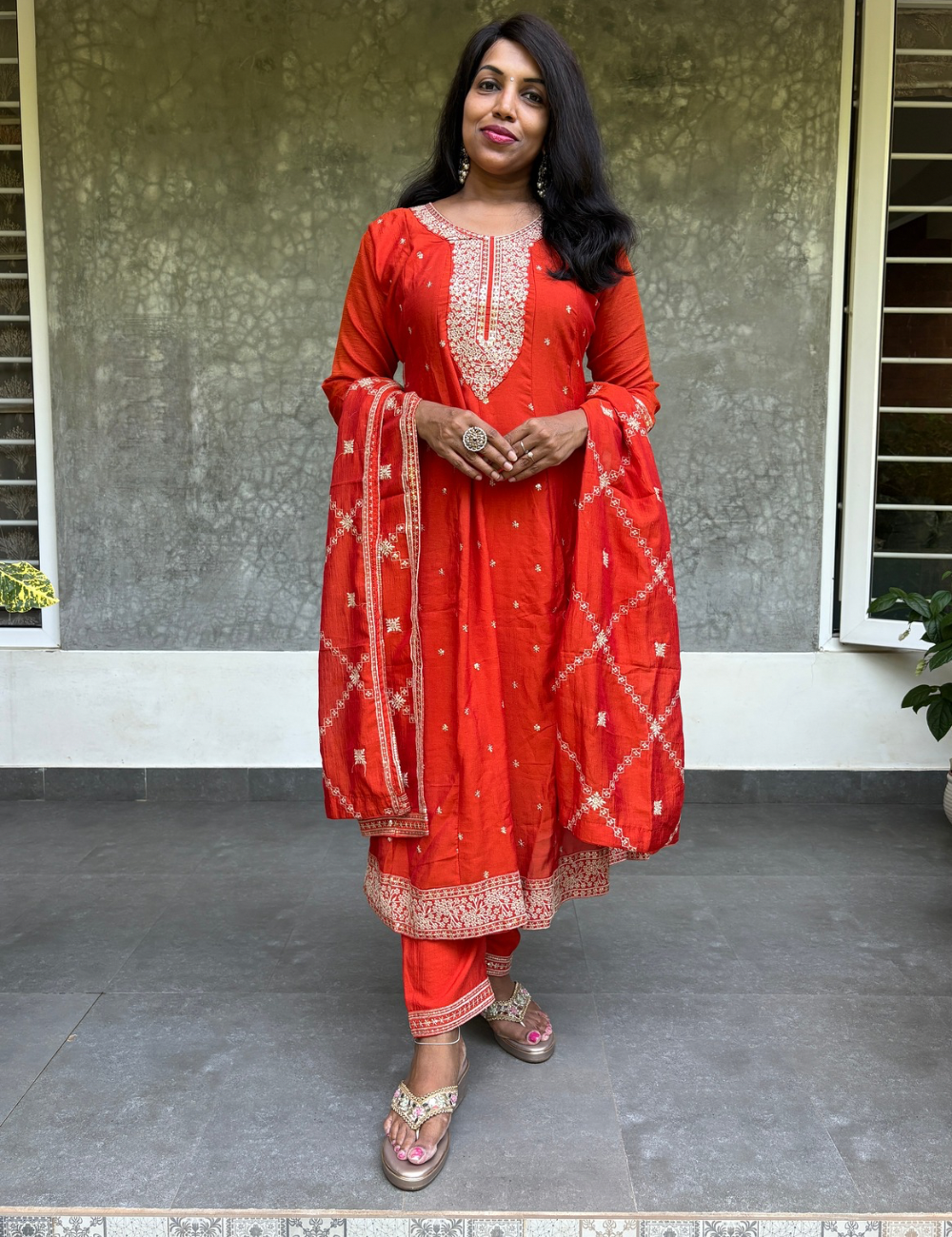 Dola Silk Embroidered Flaired Aline Kurta Set - Orange