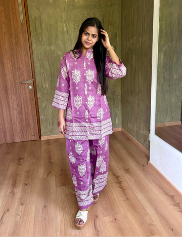 Ethnic Printed Soft Cotton Silk Designer Co-Ord Set - Purple