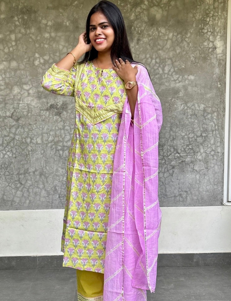 Gota Worked Muslin Silk Designer Kurta Set with Kota Dupatta - Light Green