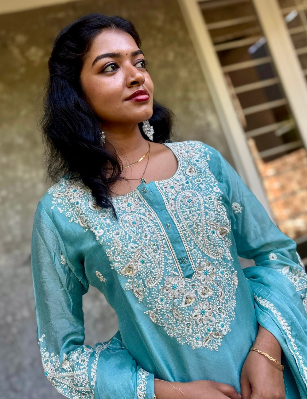 Chinon Silk Heavy Work Designer Kurta Set with Palazzo Bottom - Cyan Blue