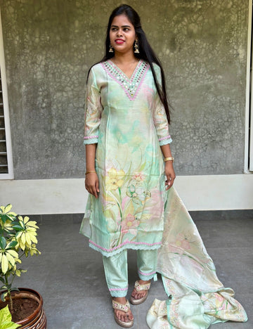 Muslin Silk Mirror Worked Designer Kurta Set with Floral Prints - Pista Green