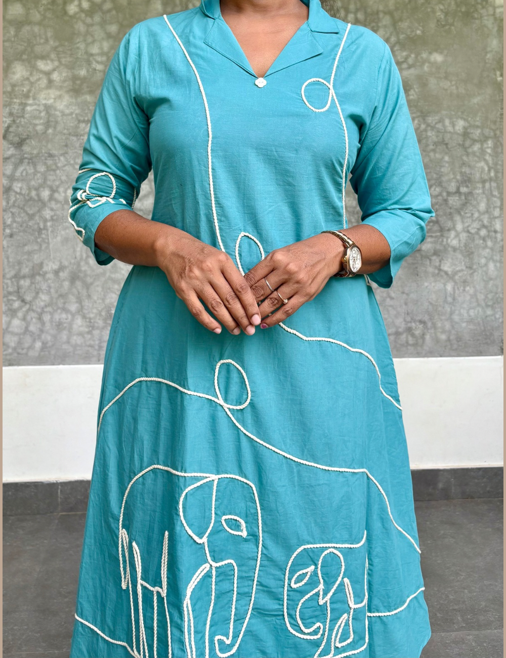 Elephant Cord Work Aline Midi Style Dress - Turquoise Blue