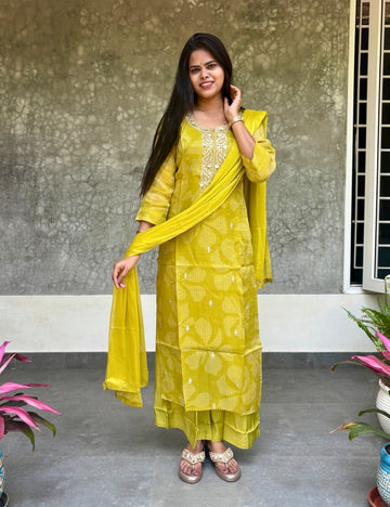 Bandhini Printed Organza Designer Kurta Set with Pretty Embellishments - Lime Green