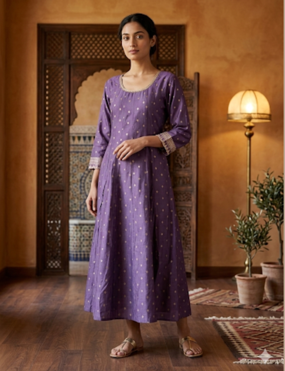 Soft Silk Gold Foil Printed Designer Aline Kurta - Purple