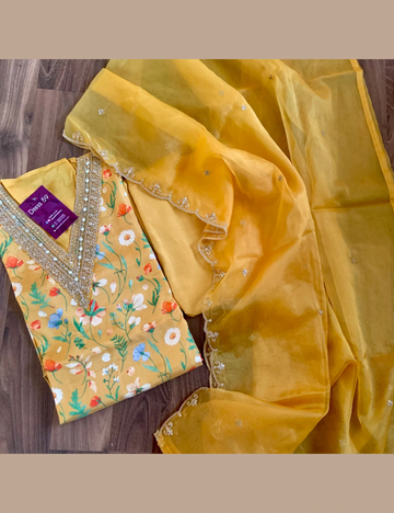Muslin Silk Floral Printed Designer Unstitched Salwar - Mustard