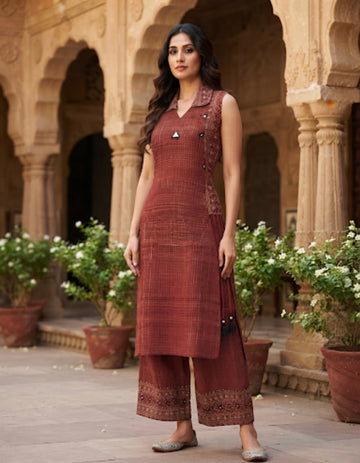 Ajrak Printed Cotton Kurta Set with Mirror Work and Side Detailing - Maroon
