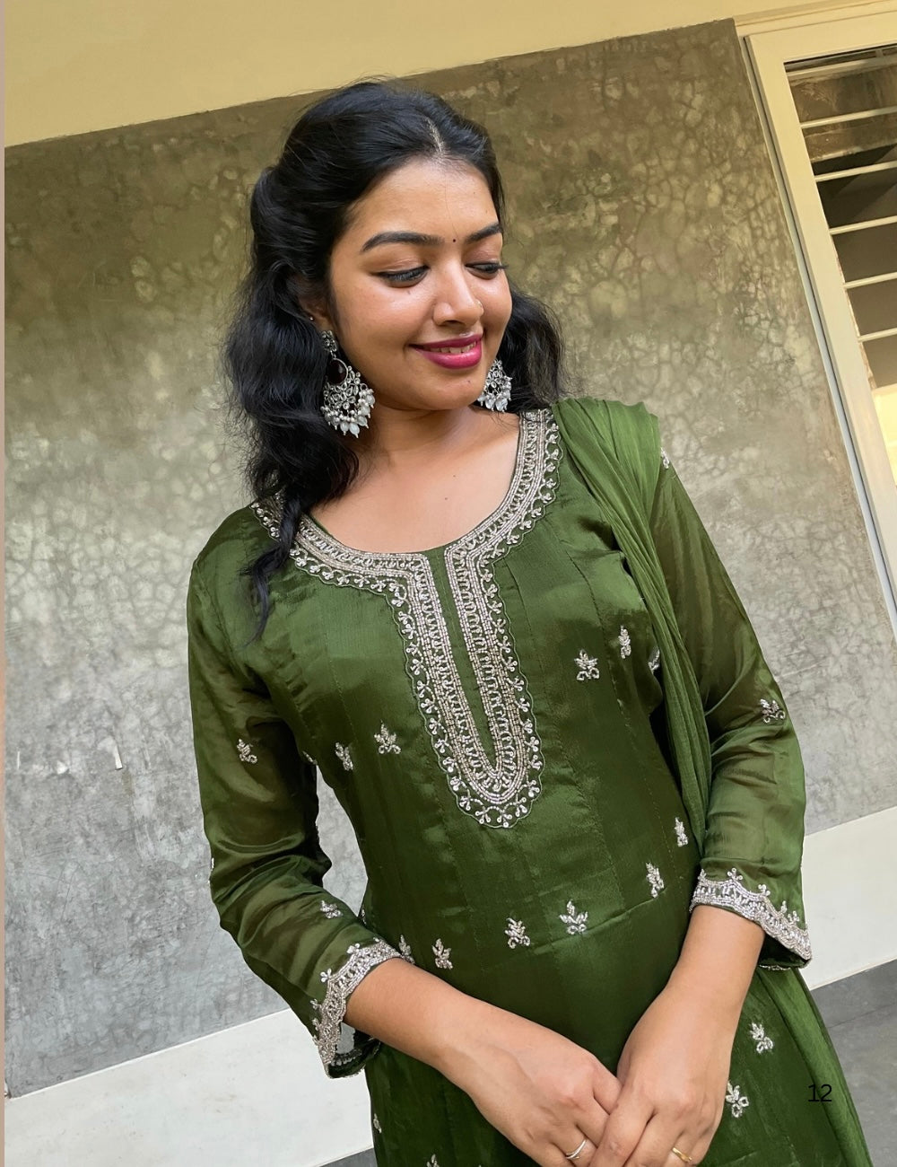 Chinon Silk Designer Embellished Anarkali Kurta Set – Dark Green