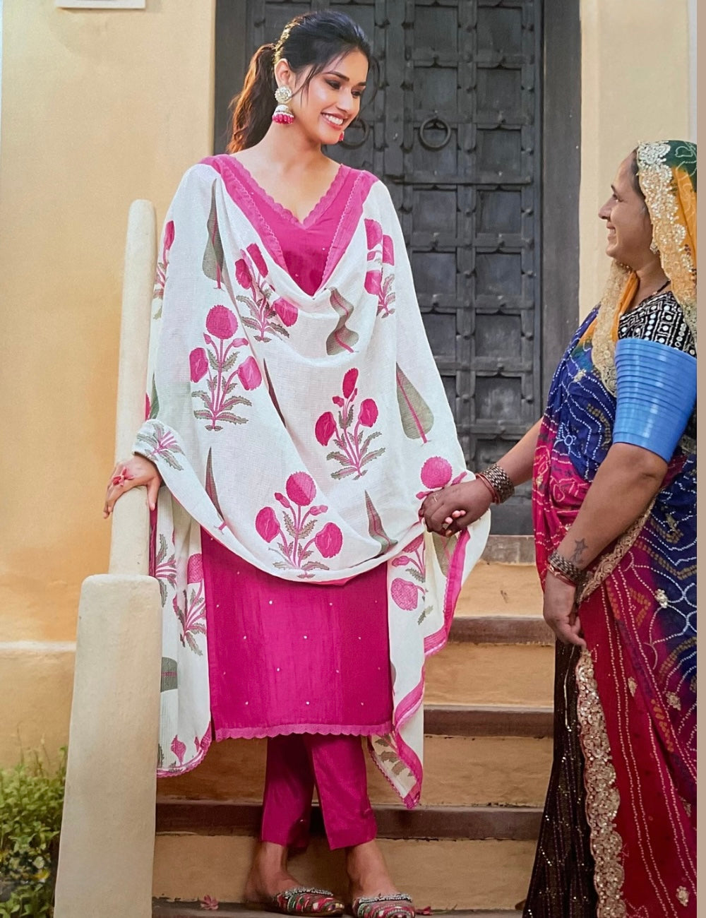 Mul Cotton Designer Unstitched salwar with Floral Printed Kota Dupatta - Dark Pink