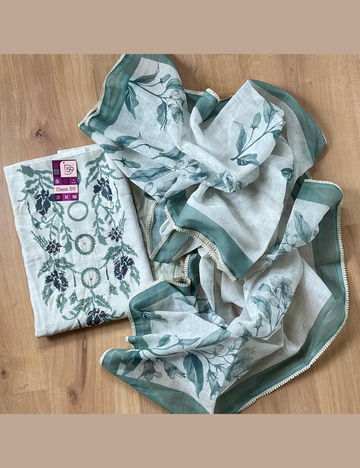 Linen Cotton Floral Pearl Worked Designer Unstitched Salwar - Pastel Green