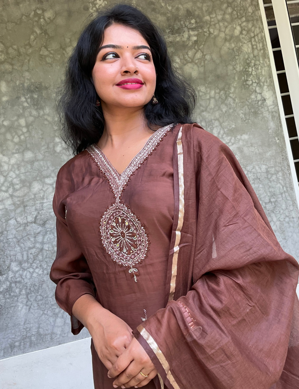 Roman Silk Embellished Designer Kurta Set with Mul Chanderi Dupatta - Brown