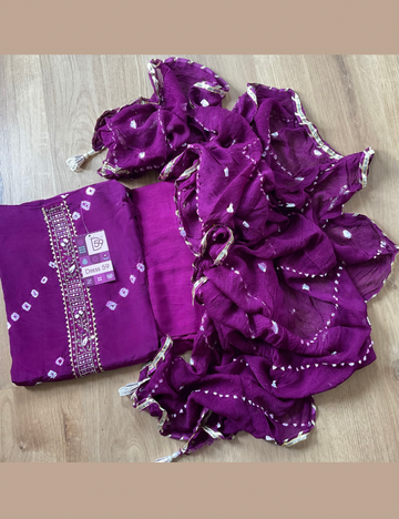 Bandhini Printed Muslin Silk Designer Unstitched Salwar with Gota Lace - Dark Purple