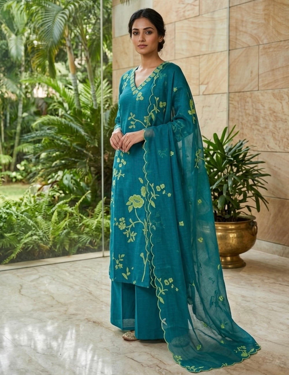Linen Cotton French Knotted Unstitched Salwar - Rama Green