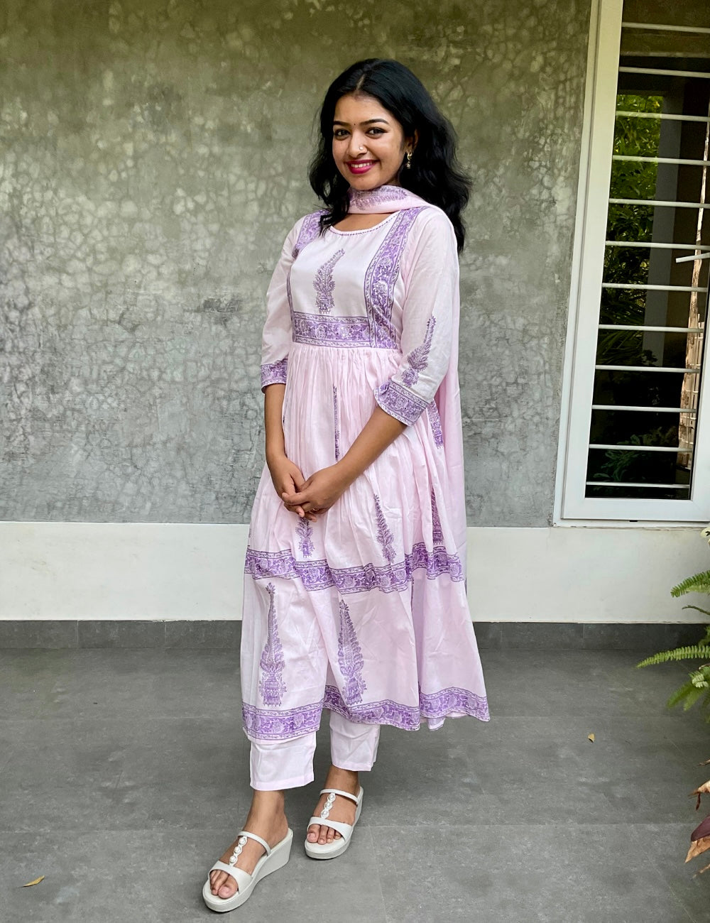 Floral Printed Mul Cotton Anarkali Kurta Set - Lavender
