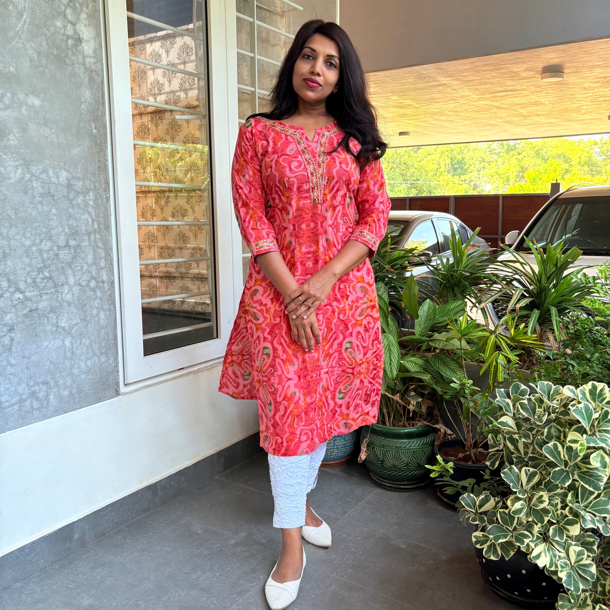 Abstract Printed Straight Cut Cotton Kurta - Bright Pink
