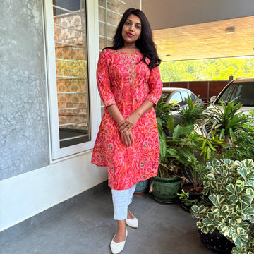 Abstract Printed Straight Cut Cotton Kurta - Bright Pink