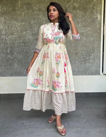 Floral Printed Cotton Designer Maxi - Off White