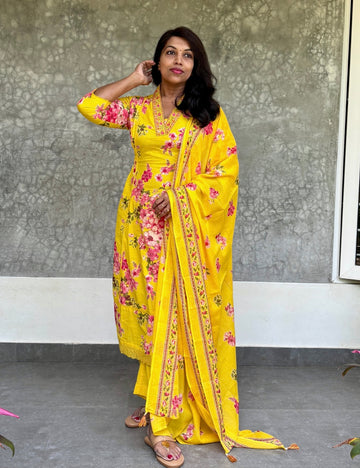 Floral Printed Soft Cotton Aline Kurta Set - Yellow