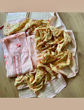 Muslin Silk Designer Unstitched Salwar - Peach