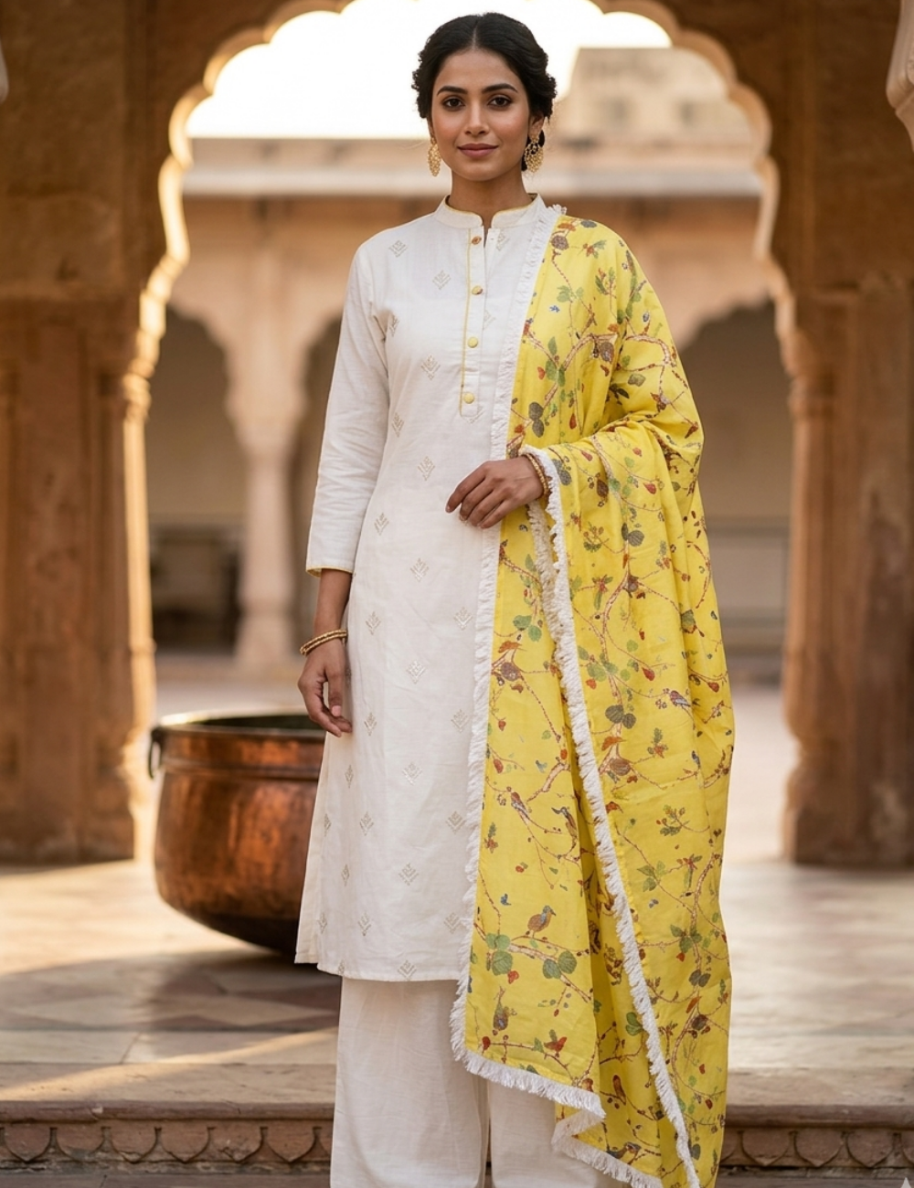 Muslin Silk Designer Unstitched Salwar with Floral Dupatta - Off-White