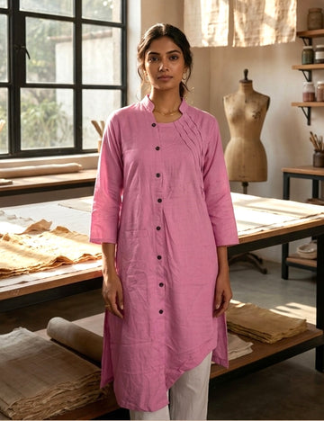 Asymmetric Cotton Shirt Style Kurta - Pink