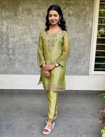 Soft Crushed Tissue Silk Designer Coord Set - Light Green