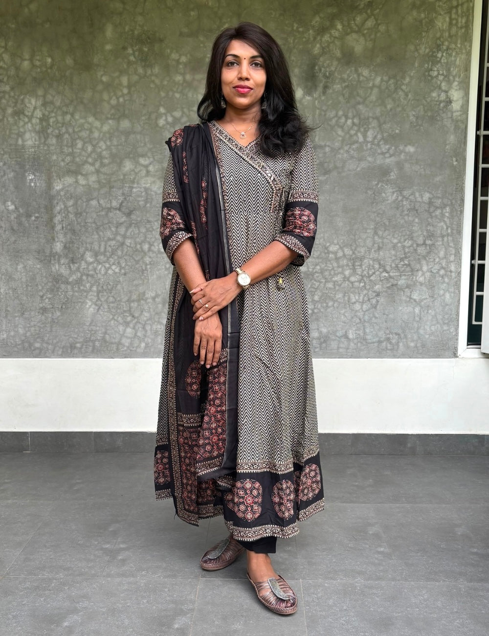 Angrakha Pattern Ethnic Cotton Designer Kurta Set - Black