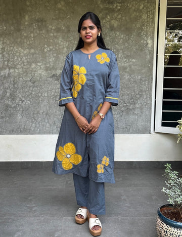 Floral Embroidered Cotton Kurta Set - Powder Blue