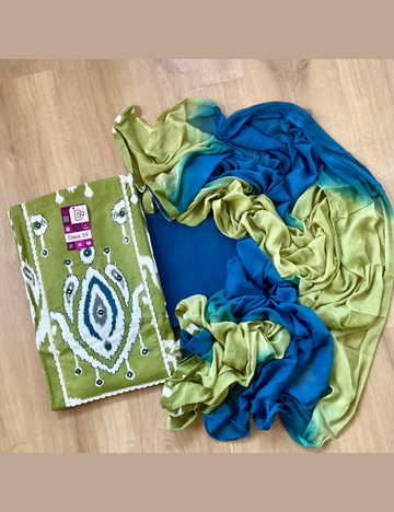 Ikat Printed Cotton Unstitched Salwar - Olive Green
