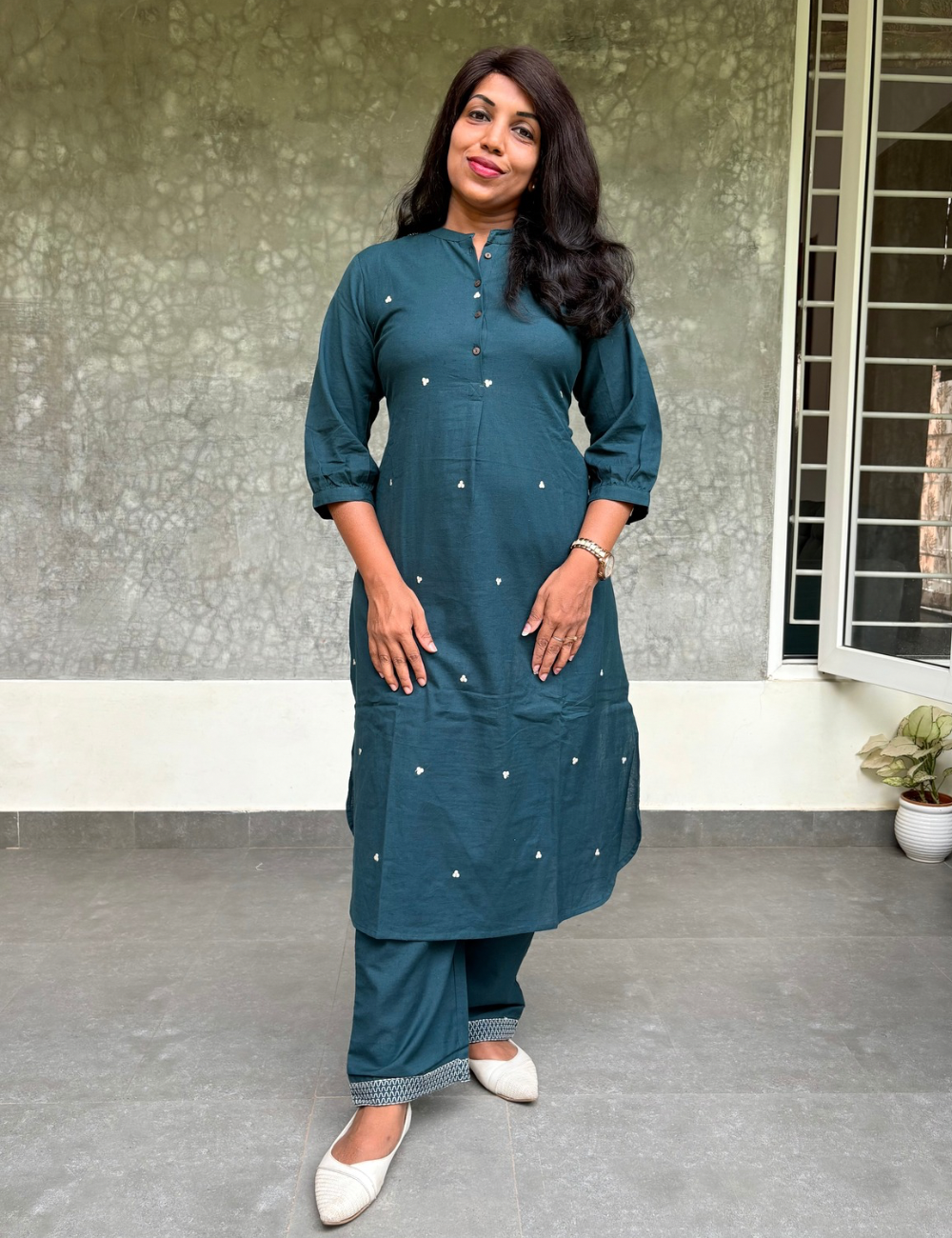 Aline Cotton Kurta Set with Loose Pants - Teal Blue
