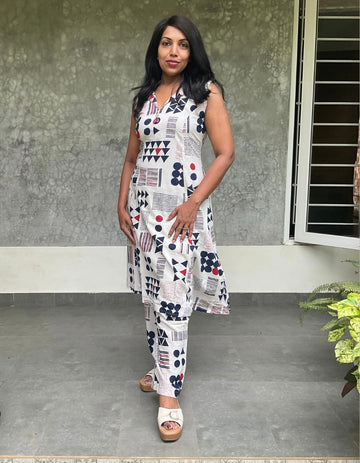 Geometric Printed A-Line Cotton Kurta Set - White